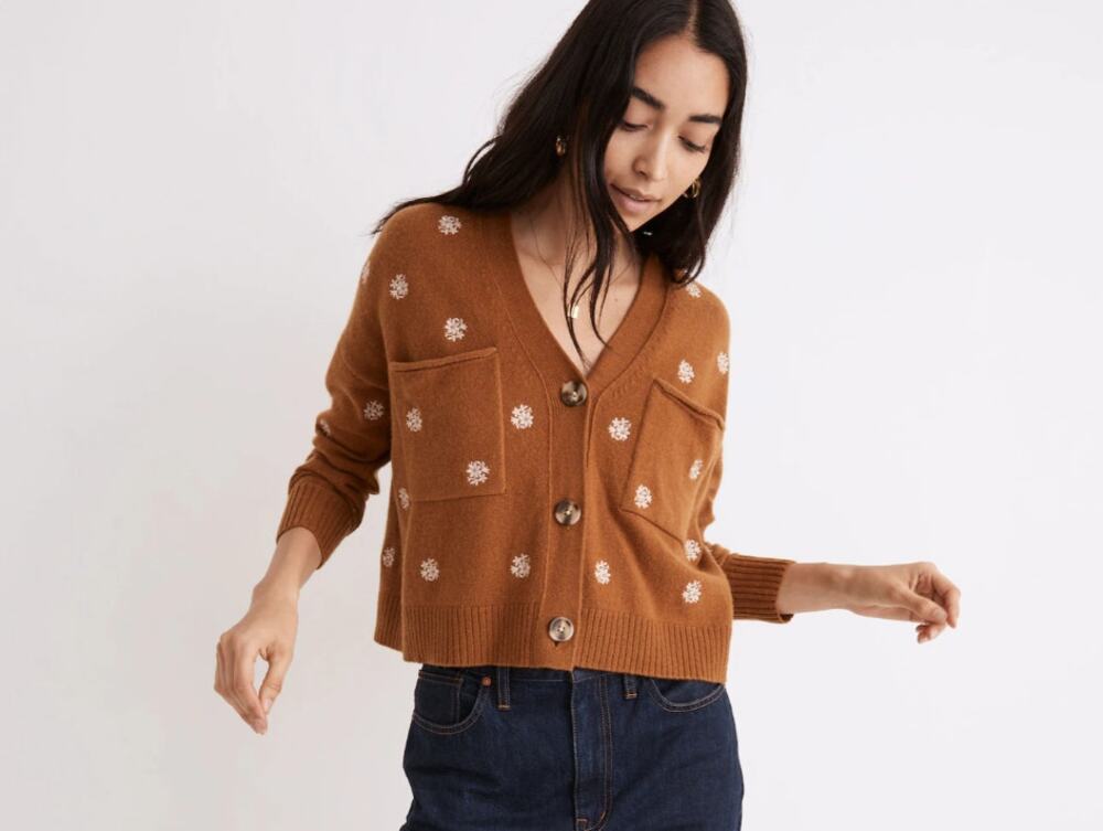 Madewell Floral Embroidered Upton Wool Blend Cropped Cardigan Sweater XS